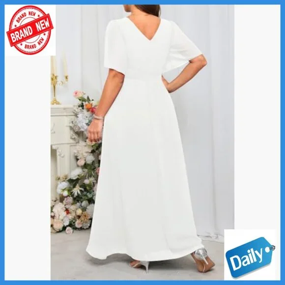 Plus Size Formal Maxi Dress V Neck Flutter Sleeves Chiffon Wedding Guest Gown
